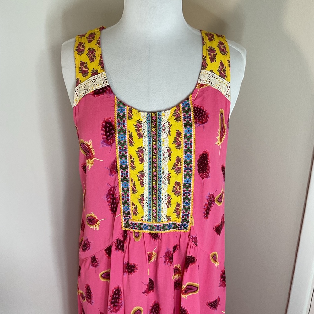 Uncle Frank Pink Yellow Floral Midi Dress Small Lace Trim High Low Hem Boho Chic - Picture 3 of 7